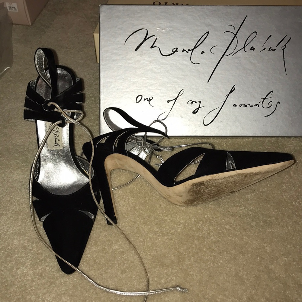 Manolo Blahnik Black silver ankle strap shoes